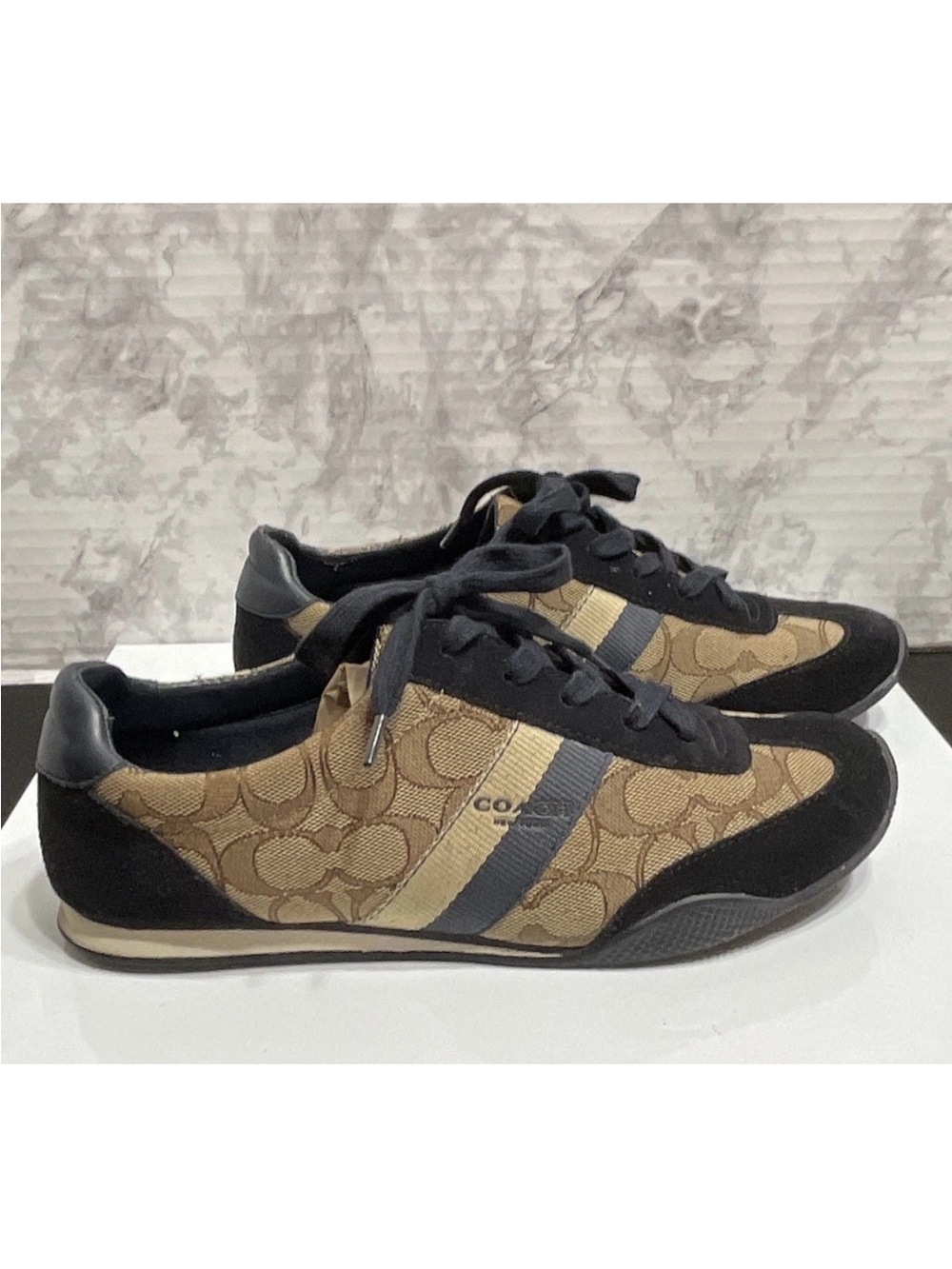 COACH Kelson Signature C Logo Sneakers Brown Navy Blue Suede Sz 8.5 B